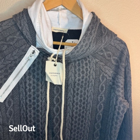 ANDTHEWHY Womens Charcoal Grey Cable Knit Textured Layered Hoodie Sweatshirt S - Picture 7 of 7